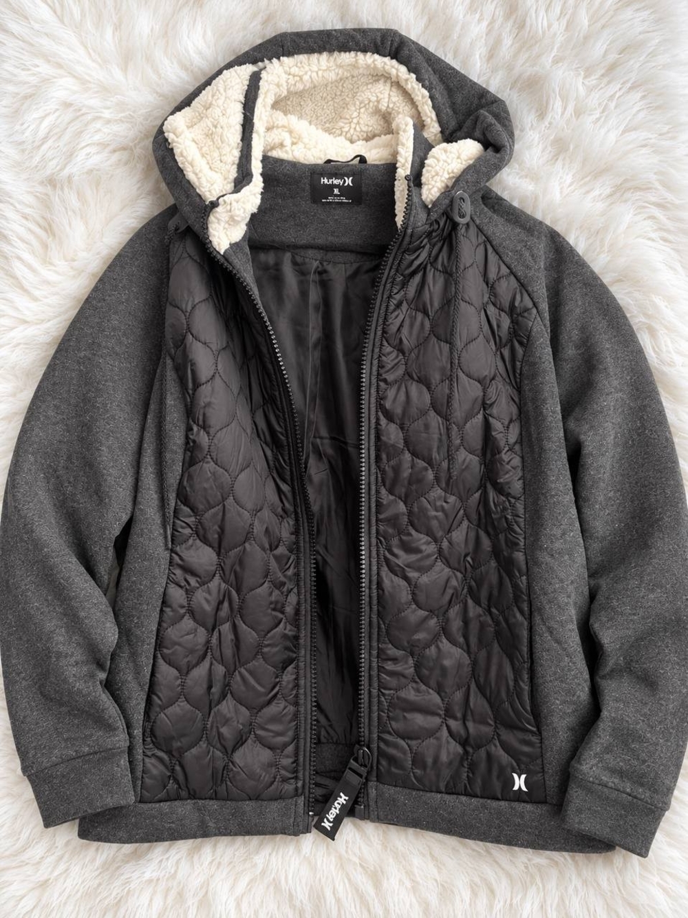 Hurley Men's Sherpa-Lined Quilted Hoodie Jacket - Charcoal